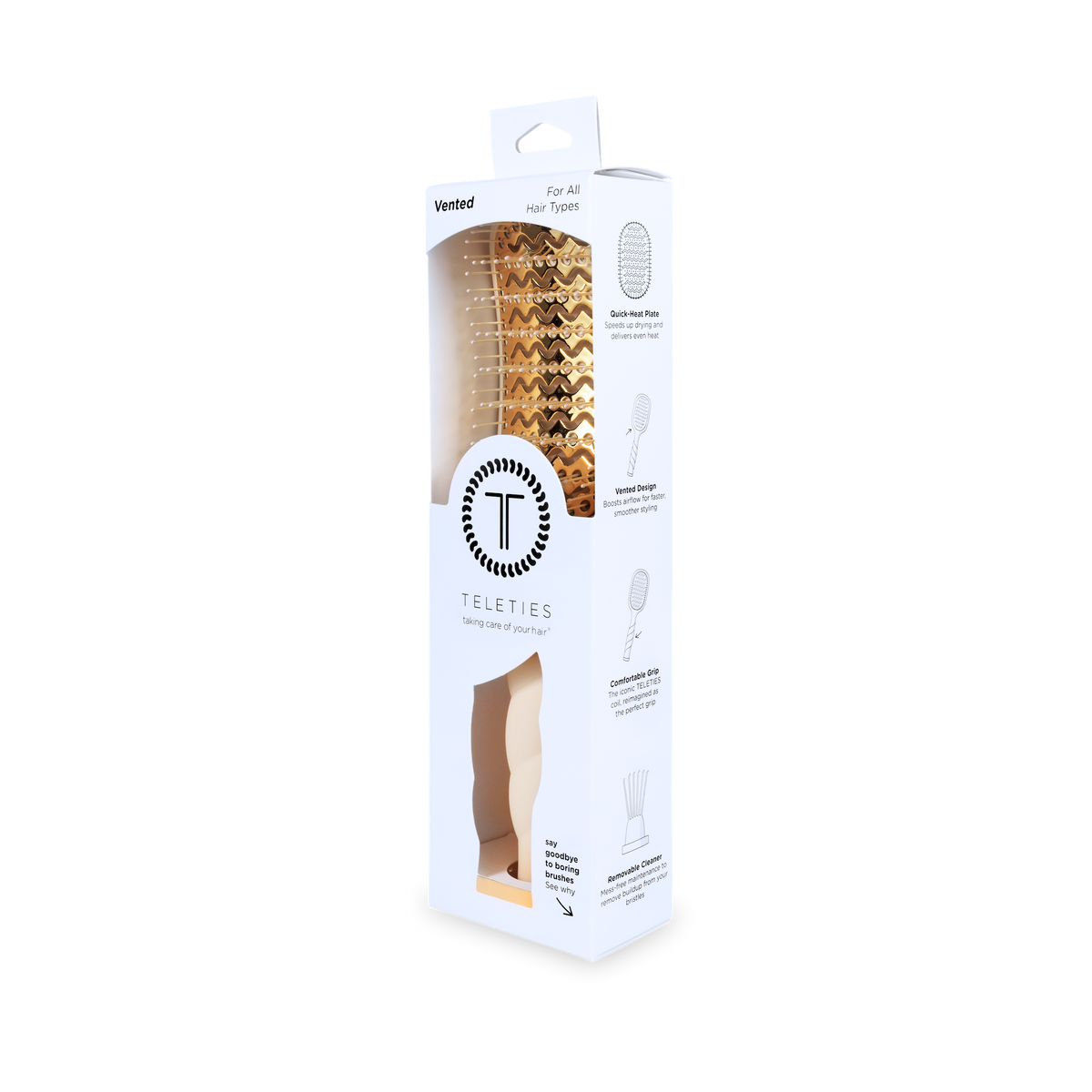 Vented Hair Brush | Tan displayed in a white box with clear window; features a gold vented design and quick-heat aluminum plate. TELETIES logo on packaging. Available sizes: Regular and Large.
