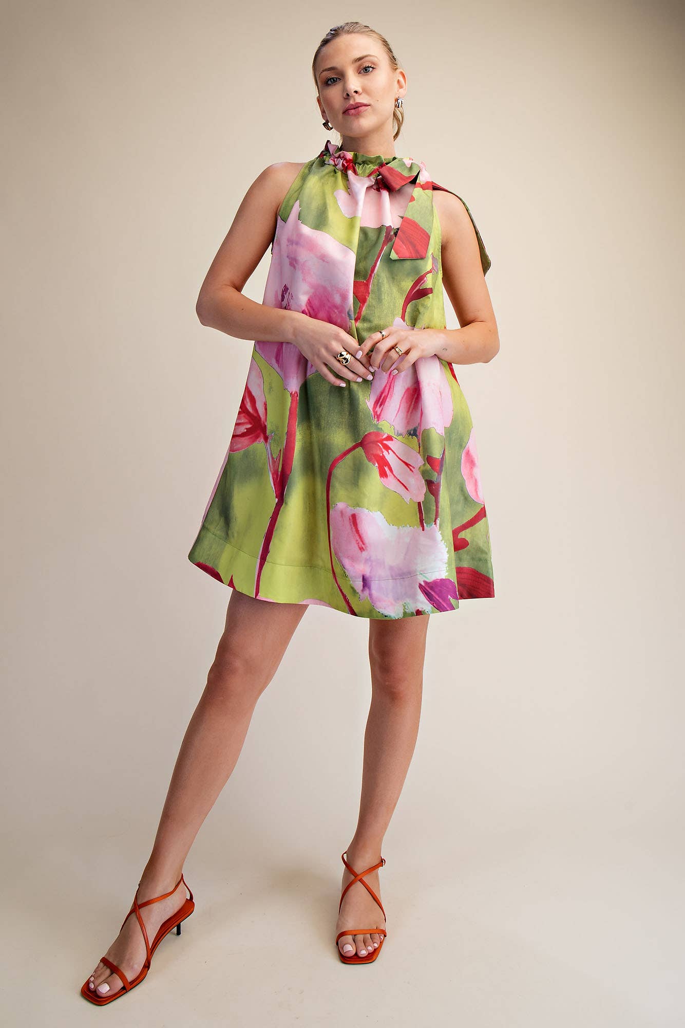 Mini Dress Ruffle Neck Tie Sleeveless Floral Print in Royal, above-the-knee, ruffled neckline. Sizes: L.