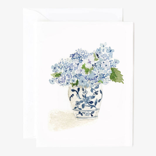 Set of 8 watercolor-style notecards with blue hydrangeas in a patterned white vase. Sizes available: standard notecard.