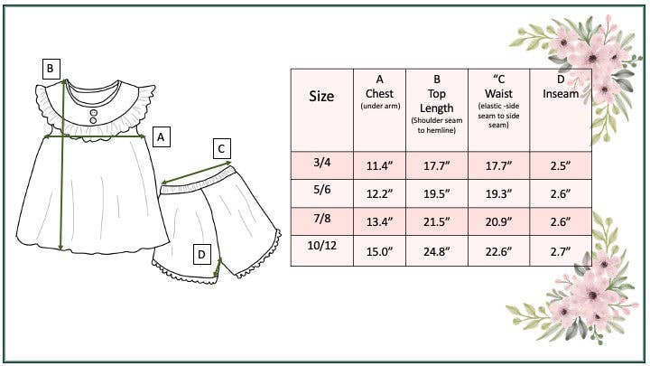 Size chart for Girls Dark Jean & Retro Flower Check Wave Short Set; sizes 3/4–10/12 with chest, top, waist, inseam details.