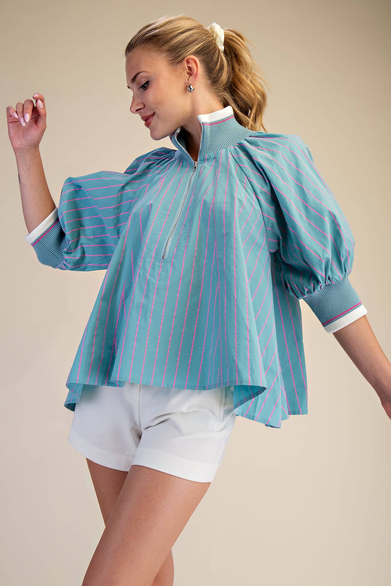 Mint Mock Neck Band Puff Sleeve Blouse