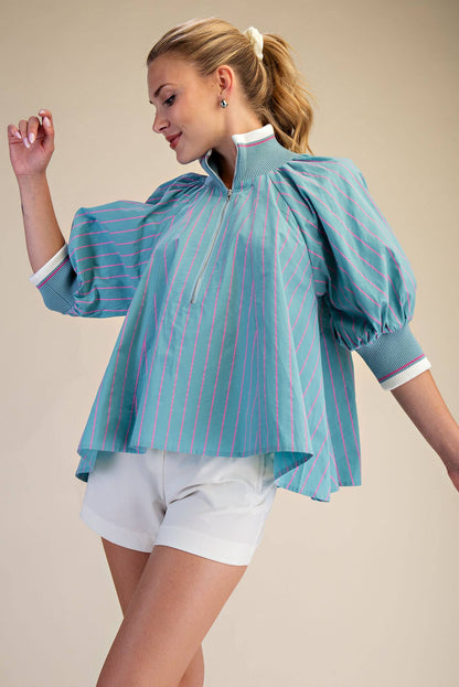 Mint Mock Neck Band Puff Sleeve Blouse