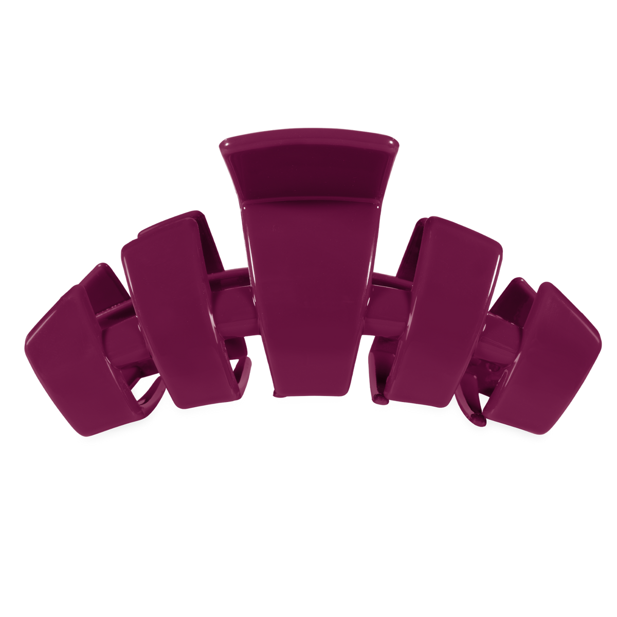 The Classic Mulberry Large Claw Clip by TELETIES is a durable, unbreakable hair clip in dark purple with wide rectangular prongs. Available in large size.