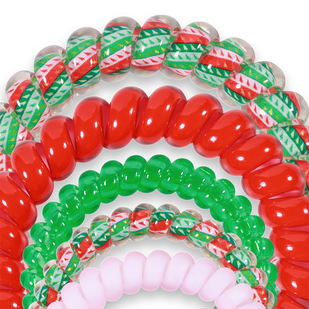 Five spiral hair ties in red, green, white, and pink festive patterns. Strong grip, no-rip comfort. Available in one size.