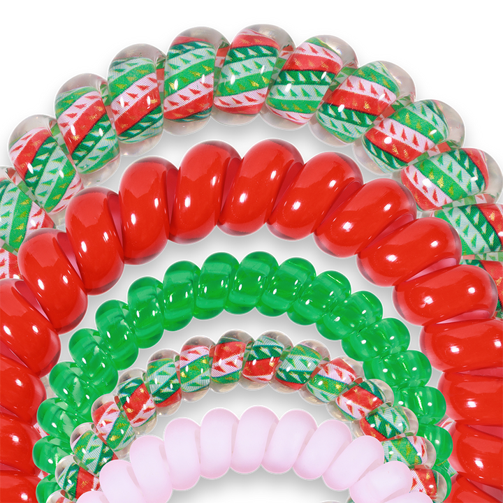 Five spiral hair ties in red, green, white, and pink festive patterns. Strong grip, no-rip comfort. Available in one size.