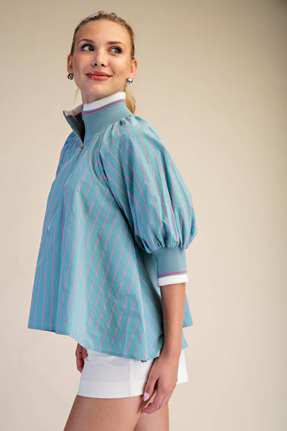 Mint Mock Neck Band Puff Sleeve Blouse