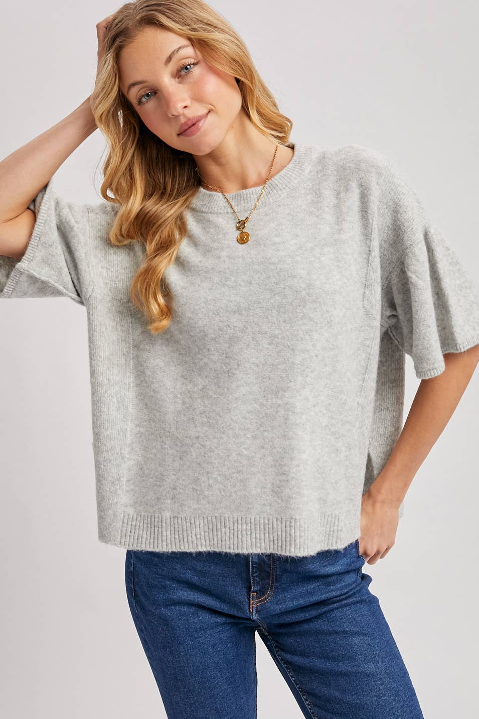 GATHERED SHORT SLEEVE BOXY KNIT SWEATER TOP: LATTE / M/L in light grey heathered knit with a boxy fit and short flared sleeves.
