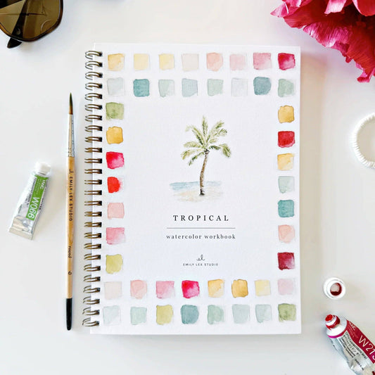 Spiral-bound Tropical Watercolor Workbook with palm tree cover and tropical illustrations. Sizes available: [insert sizes].
