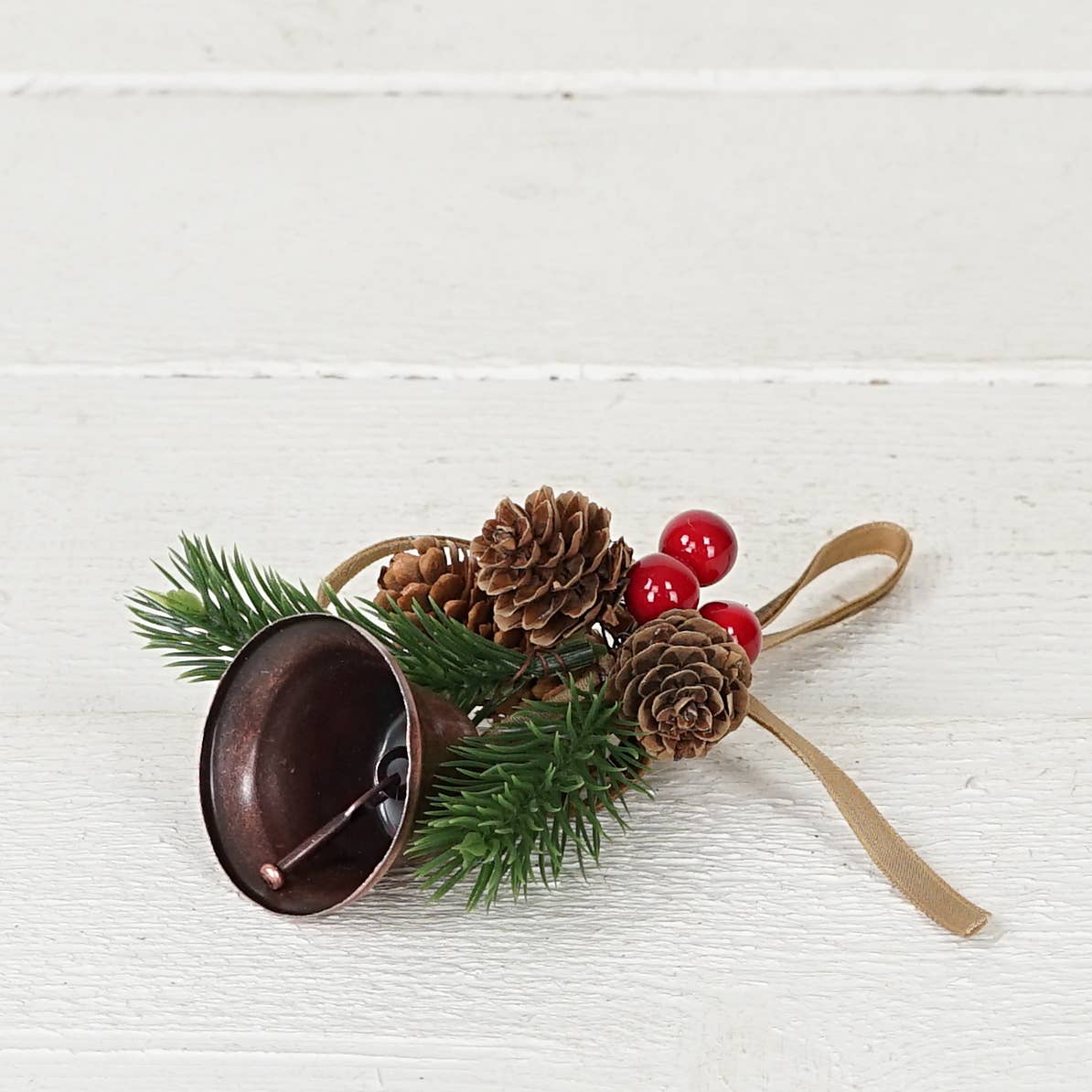 5inL Hanging Decor-Bronze Bell, pinecones, berries