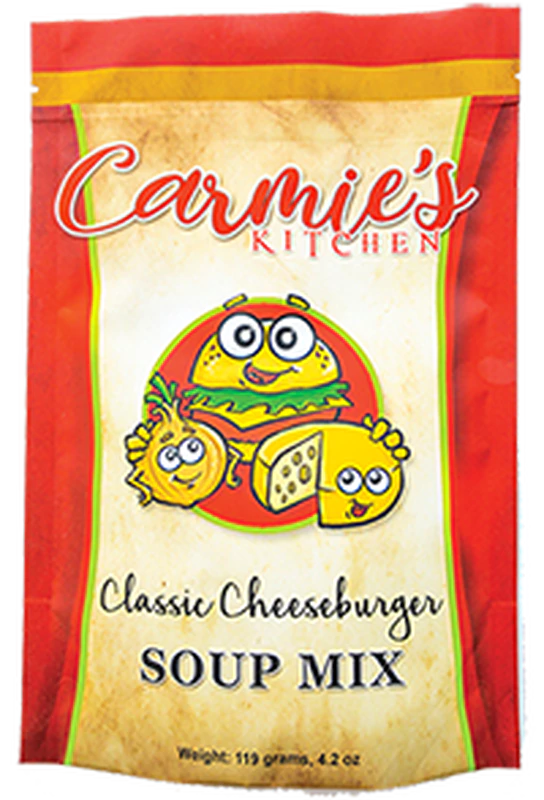Classic Cheeseburger Soup Mix in a colorful 119g (4.2oz) packet with cartoon cheeseburger, cheese, and onion on the front.