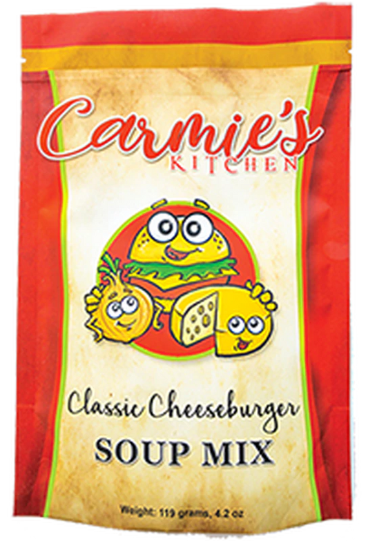 Classic Cheeseburger Soup Mix in a colorful 119g (4.2oz) packet with cartoon cheeseburger, cheese, and onion on the front.