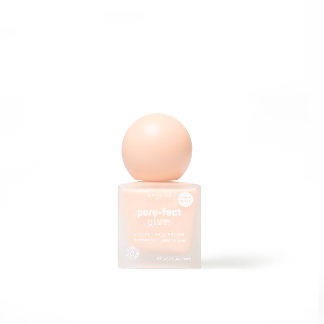 Peach square bottle of Pore-fect Glow Radiant Korean Face Primer, round cap, hyaluronic acid. Available in 30ml and 50ml.