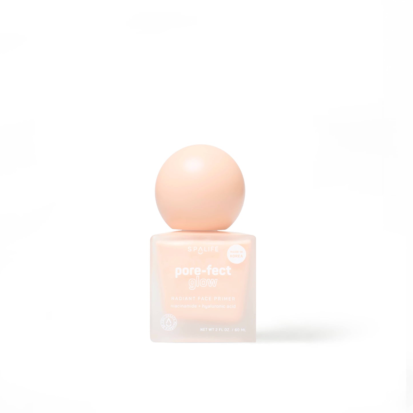 Peach square bottle of Pore-fect Glow Radiant Korean Face Primer, round cap, hyaluronic acid. Available in 30ml and 50ml.