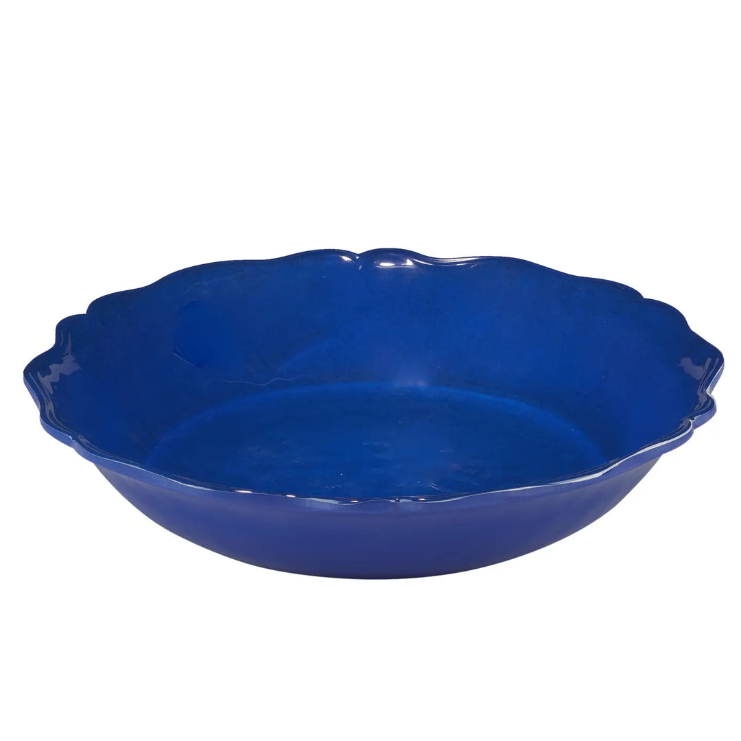 Shallow, round melamine serving bowl with scalloped edges, glossy deep indigo blue. Large size. Dishwasher safe.