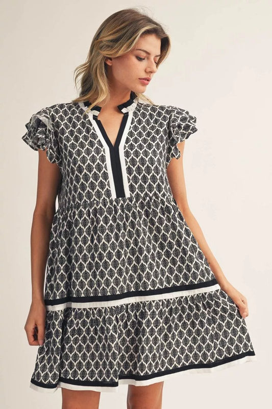 Black Ruffle Baroque Pattern Tiered Dress