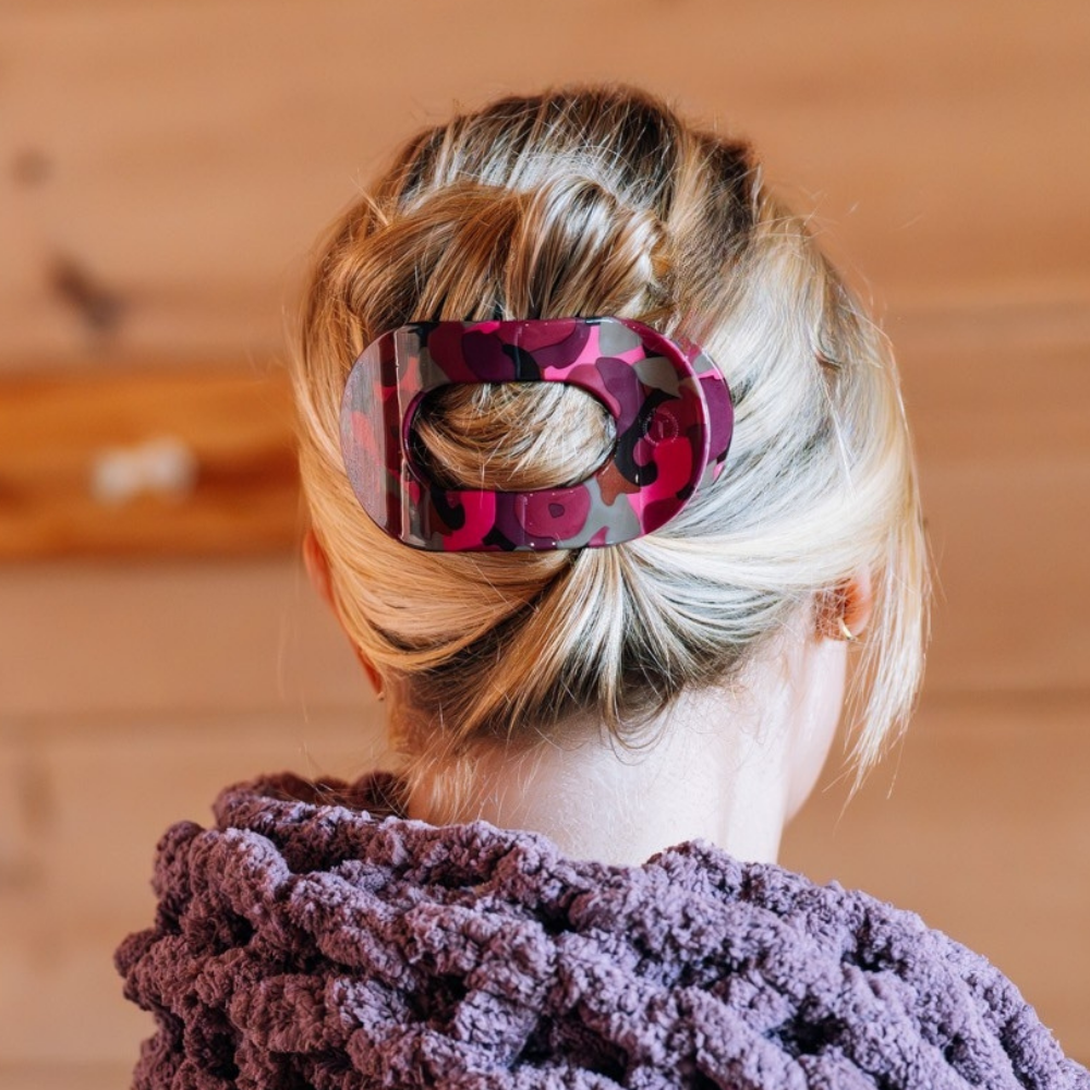 Garden Glam Large Flat Round Hair Clip with pink and purple patterns, available in large size.