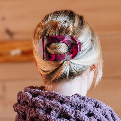 Garden Glam Large Flat Round Hair Clip with pink and purple patterns, available in large size.