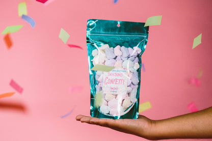 Shiny teal Bath Bomb Confetti bag. All-natural, therapeutic essential oils blend. Available in 4oz and 8oz sizes.