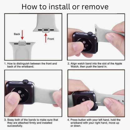 Four-step guide with images shows installing or removing the Pink Cheetah Apple Watch Band, sizes 38/40mm, by sliding and releasing.