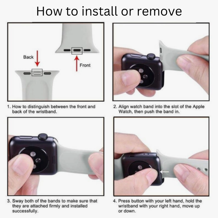 Guide to install or remove the Stars and Stripes Apple Watch Band, available in 42/44mm. Slide in, secure, and release to remove.