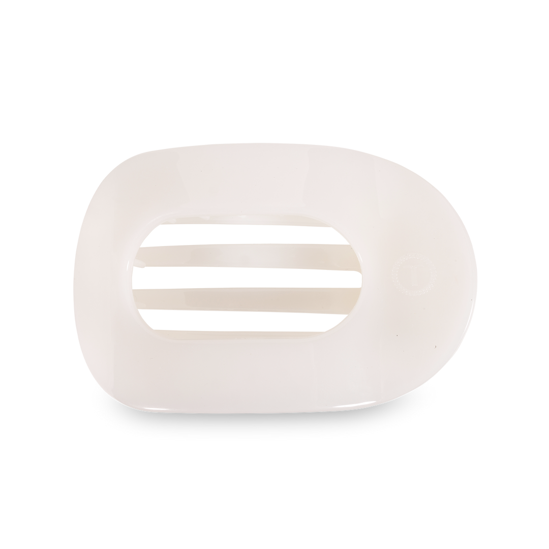 Sleek white TELETIES Flat Round Hair Clip with three central slats; available in small and large sizes; durable design.