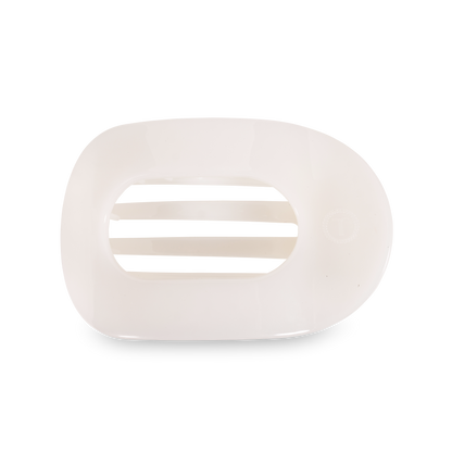 Sleek white TELETIES Flat Round Hair Clip with three central slats; available in small and large sizes; durable design.