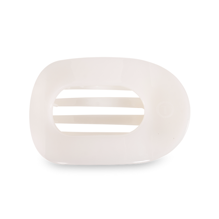 Sleek white TELETIES Flat Round Hair Clip with three central slats; available in small and large sizes; durable design.