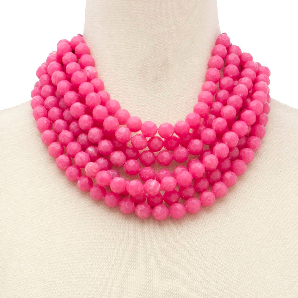 Chunky Beaded Layered Necklace with large bright pink beads, available in 16”, 18”, and 20” lengths.