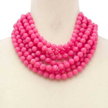 Chunky Beaded Layered Necklace with large bright pink beads, available in 16”, 18”, and 20” lengths.