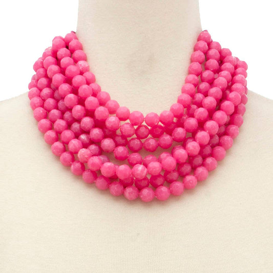 Chunky Beaded Layered Necklace with large bright pink beads, available in 16”, 18”, and 20” lengths.