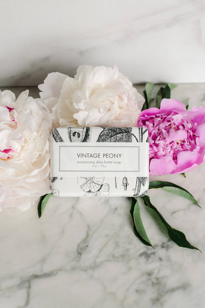 The "Vintage Peony Soap - Bath Bar" is a luxurious shea butter soap. It delivers a fresh, floral scent derived from pink peony flowers. The enriched formula provides gentle and nourishing cleaning. Available in one standard size.