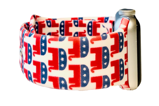 Republican Apple Watch Band 38/40. White background with red and blue elephants in a repeating pattern.