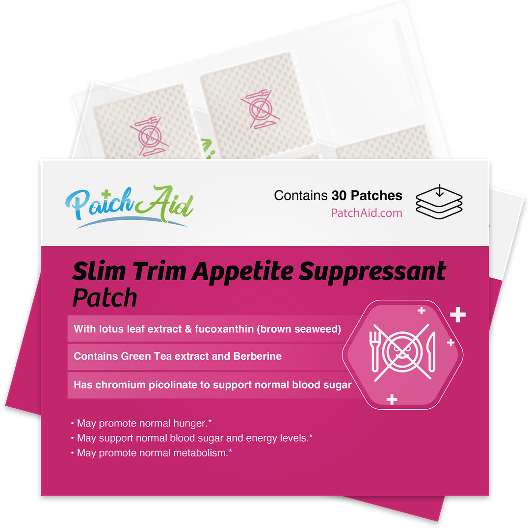 Slim Trim Appetite Suppressant Patch – Craving Control 1-Pack packaging highlights weight management benefits, lists lotus leaf extract, green tea extract, and berberine as ingredients. Box contains 30 patches. PatchAid logo is visible. Only available in 1-pack size.