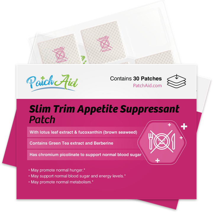Slim Trim Appetite Suppressant Patch – Craving Control 1-Pack packaging highlights weight management benefits, lists lotus leaf extract, green tea extract, and berberine as ingredients. Box contains 30 patches. PatchAid logo is visible. Only available in 1-pack size.