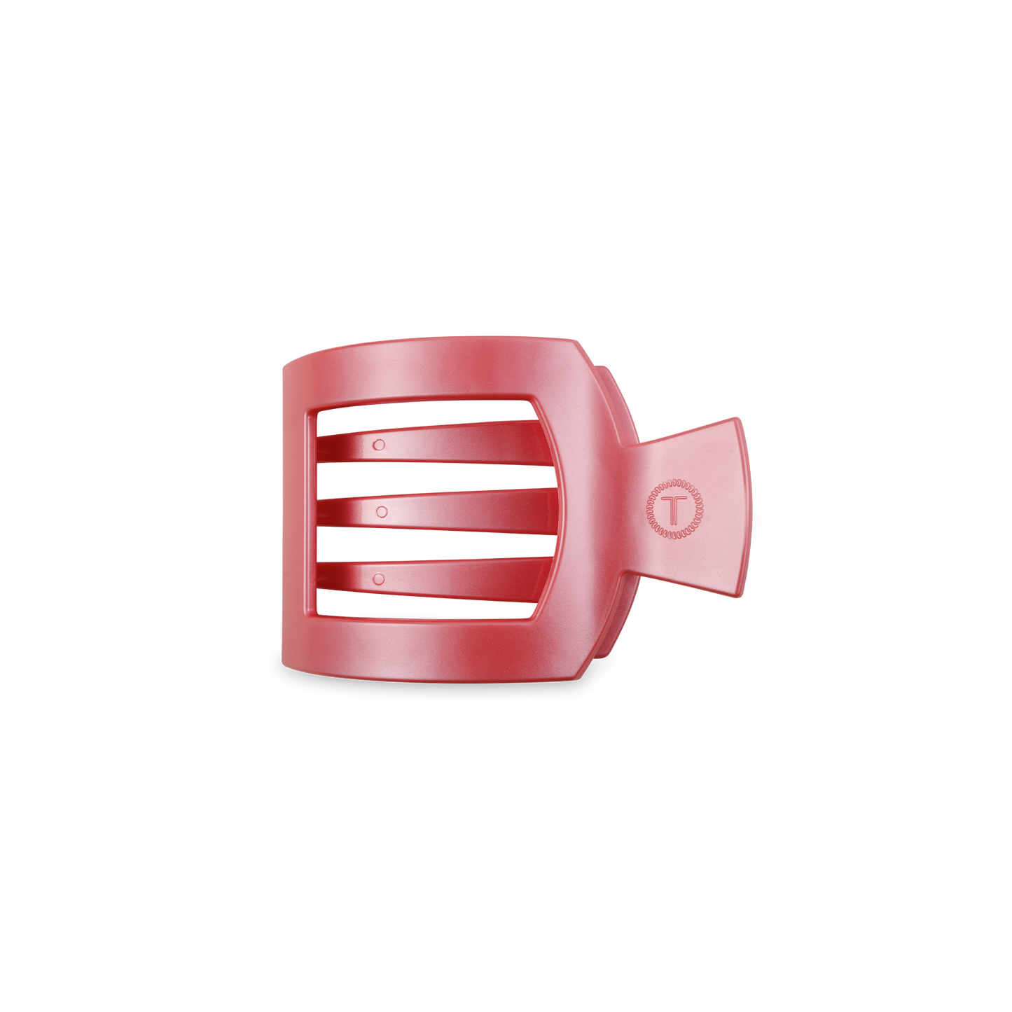 Red rectangular plastic hair clip with horizontal slats and handle. Available sizes: Small, Medium, Large.