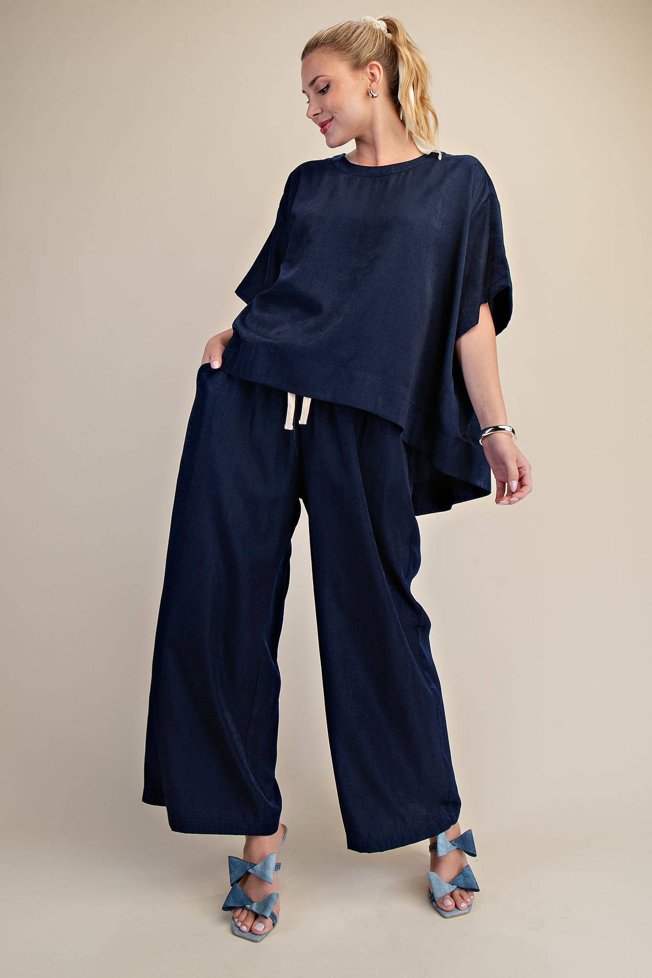 Navy Round Neck Band Oversize Shirt, available in sizes XS-XL. Relaxed fit, comfortable essential; shirt only shown.
