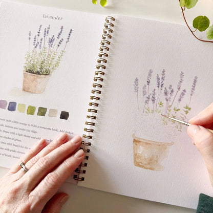 Garden Watercolor Workbook shown in use, available in standard A4 and A5 sizes.