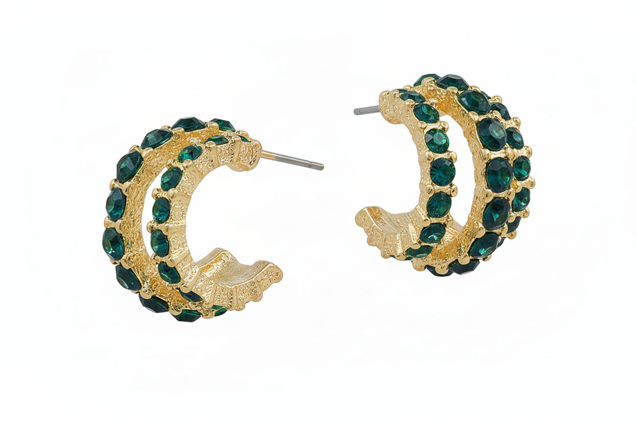 Textured gold hoops with three rows of green rhinestones, straight posts; sizes available: S, M, L.