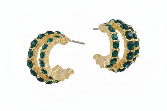 Textured gold hoops with three rows of green rhinestones, straight posts; sizes available: S, M, L.