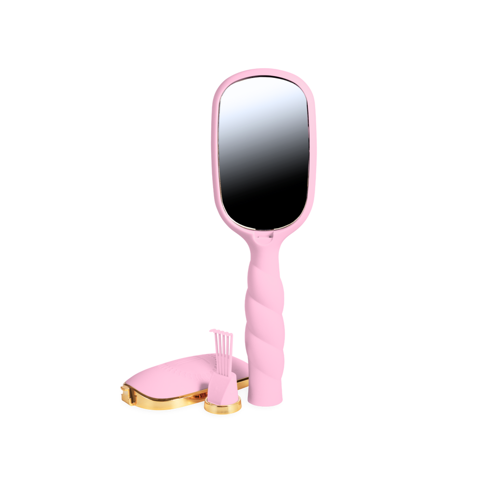 Bubblegum pink Detangler Brush, medium size, featuring a twisted handle, folded compact, and small brush for pain-free styling.