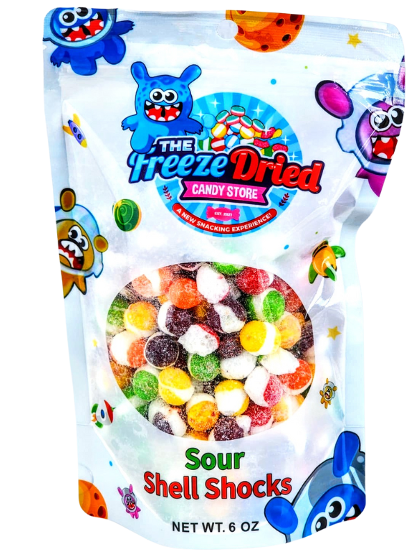 4 oz bag of Freeze Dried Shell Shocks: Sour Wild Berry; crunchy, sugar-coated, fruity snacks with cartoon monsters on pack.