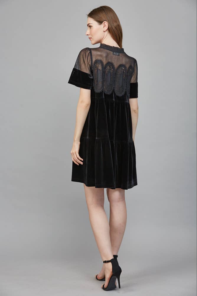 Contrast Sheer Mesh With Intricate Lace Detail Velvet Dress