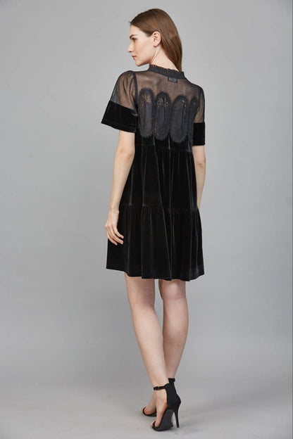 Contrast Sheer Mesh With Intricate Lace Detail Velvet Dress