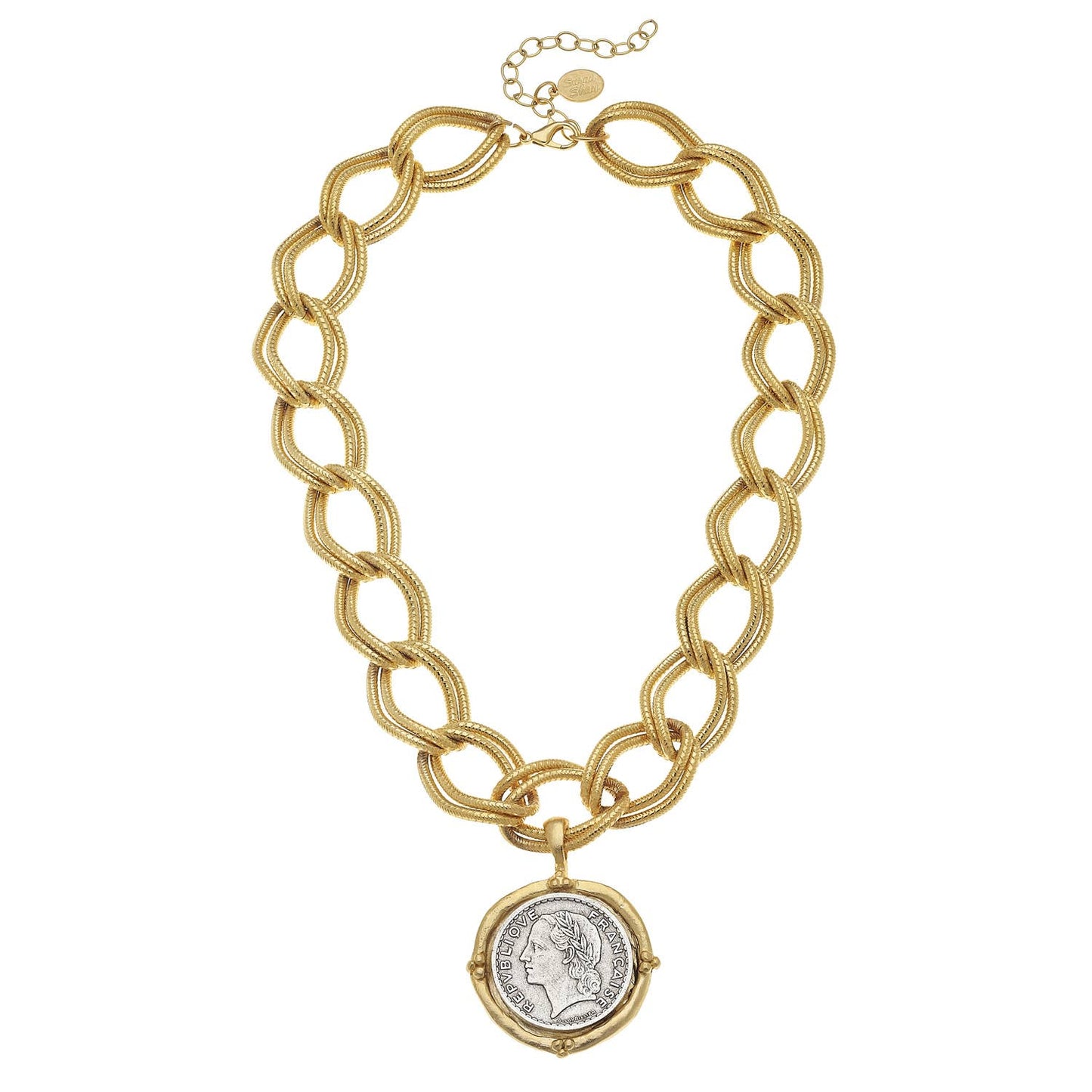 Mixed Metal Franc Chain Necklace with large interlocking links, round coin-like pendant; available in 16", 18", and 20" sizes.