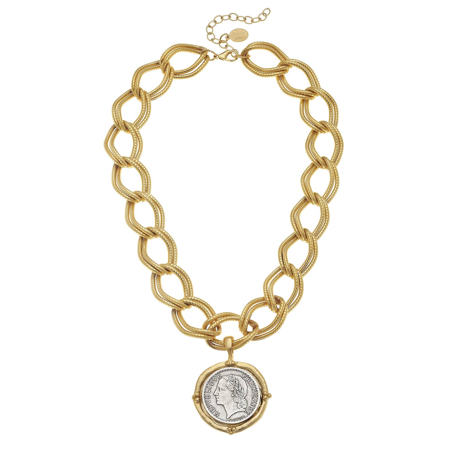 Mixed Metal Franc Chain Necklace with large interlocking links, round coin-like pendant; available in 16", 18", and 20" sizes.