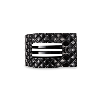 Black TELETIES Flat Rectangle Hair Clip, quilted pattern, 2 metal slots, round button; available in multiple sizes.