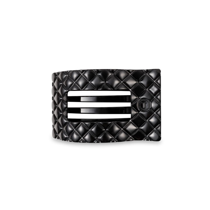 Black TELETIES Flat Rectangle Hair Clip, quilted pattern, 2 metal slots, round button; available in multiple sizes.
