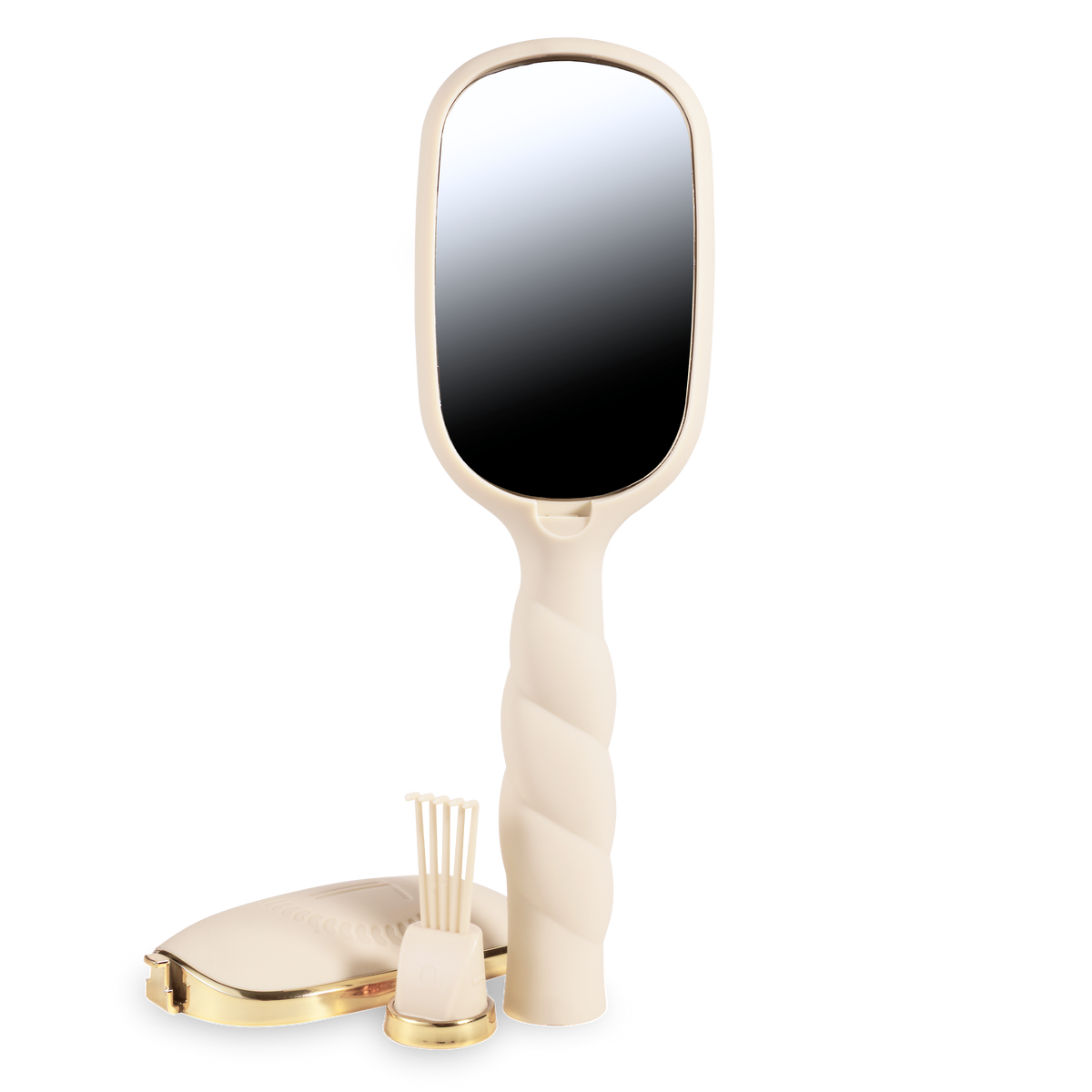 Cream and gold hand mirror with a twisted handle; available in small and medium sizes.