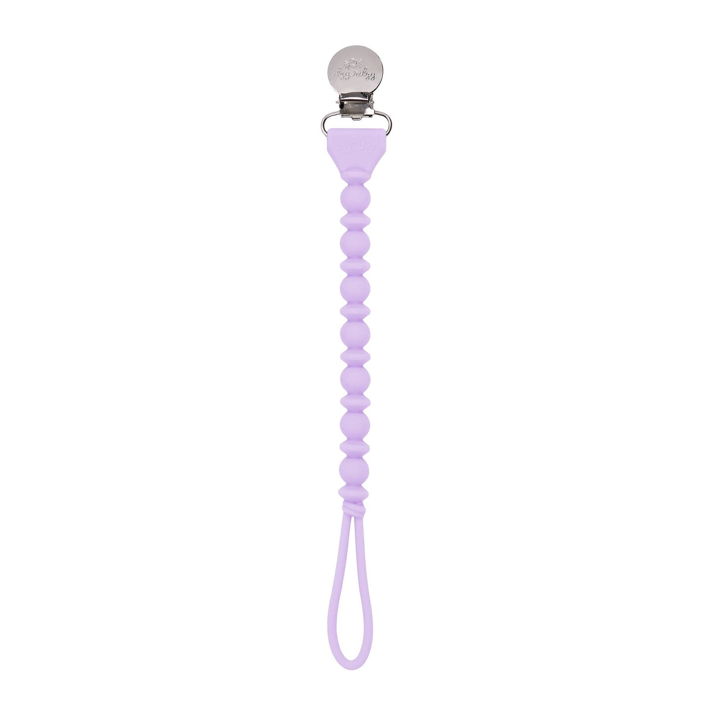 A light purple, food grade silicone Sweetie Strap™ Silicone One-Piece Pacifier Holder with a spiral bead design, featuring a metal clip at the top and a loop at the bottom to attach to a pacifier.