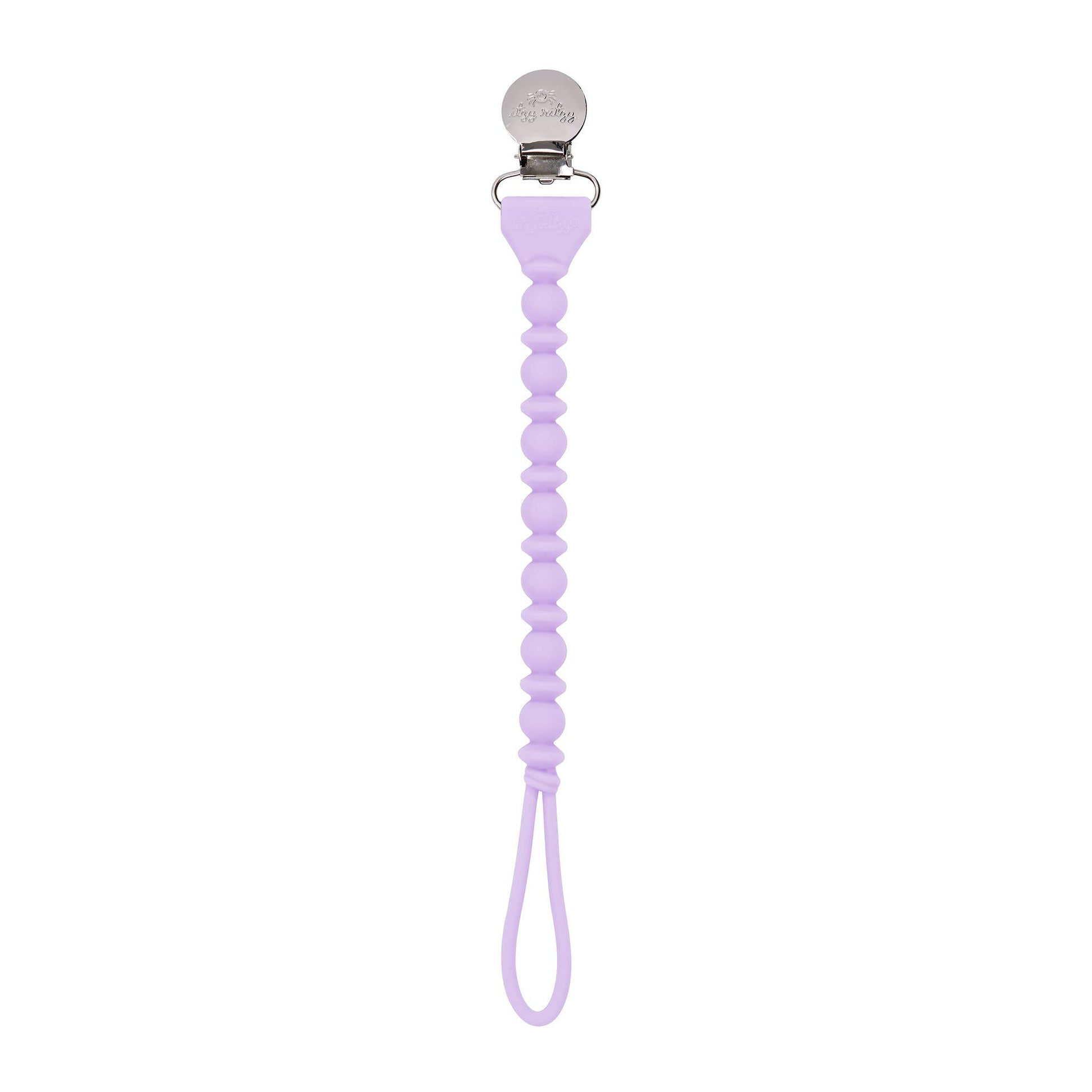 A light purple, food grade silicone Sweetie Strap™ Silicone One-Piece Pacifier Holder with a spiral bead design, featuring a metal clip at the top and a loop at the bottom to attach to a pacifier.